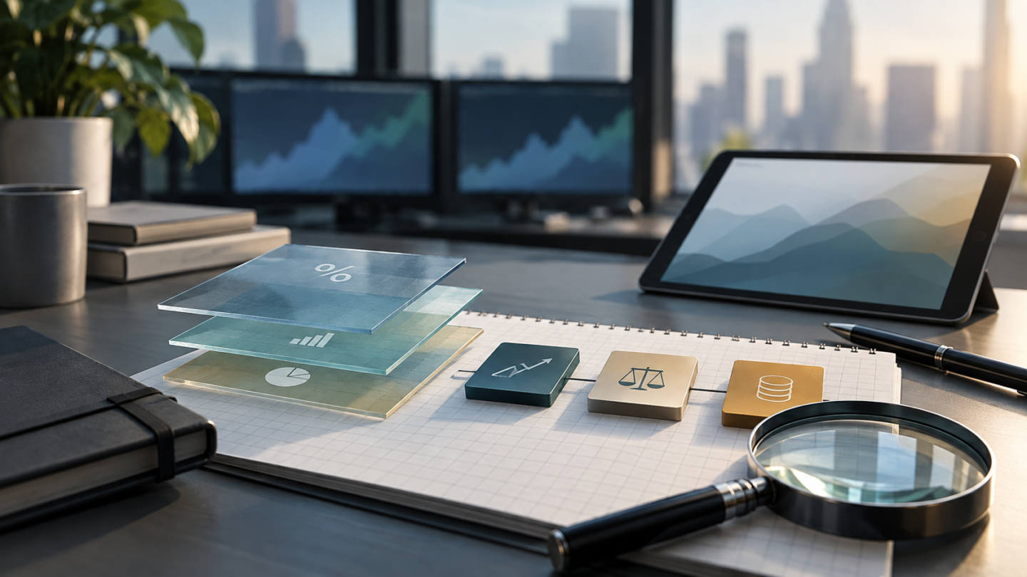 Layered investment charts and geometric blocks without visible figures or labels
