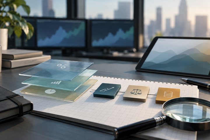 Layered investment charts and geometric blocks without visible figures or labels