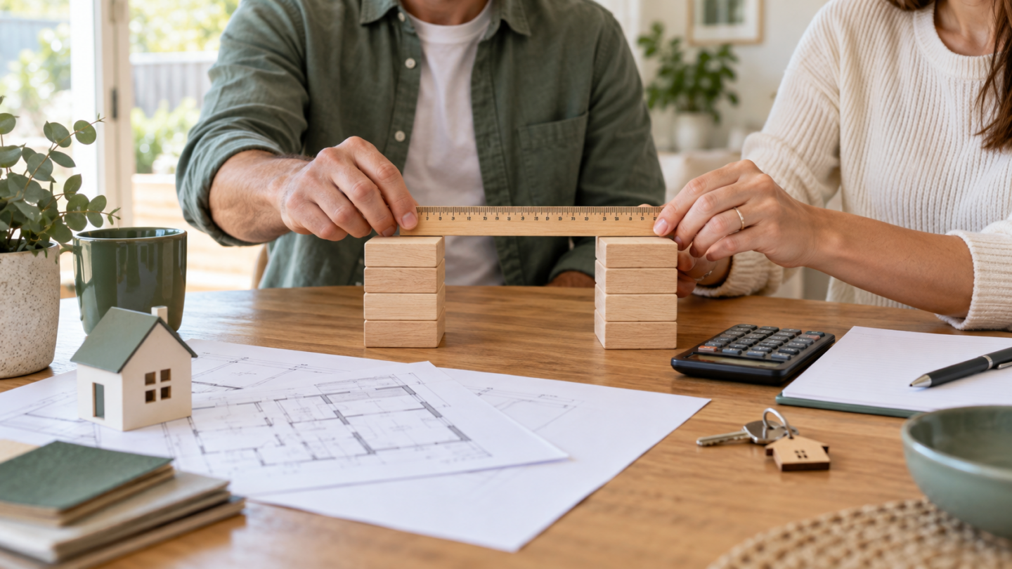 House model measured against layered financial buffers in a precise layout