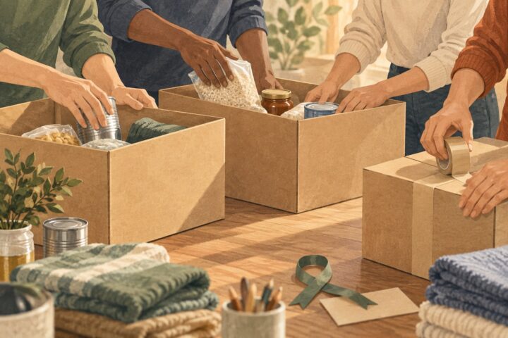 Editorial illustration of volunteers packing humanitarian supplies