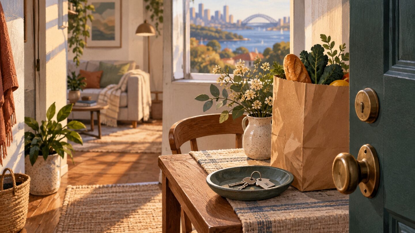 Editorial illustration of a welcoming home with groceries and keys