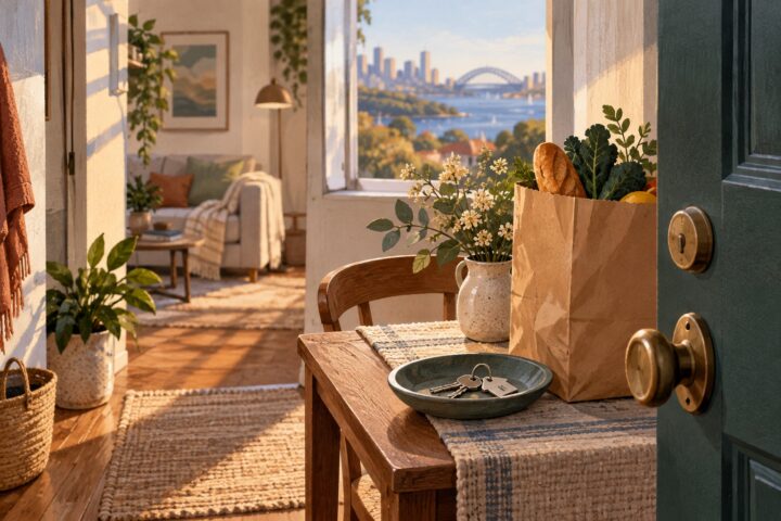 Editorial illustration of a welcoming home with groceries and keys