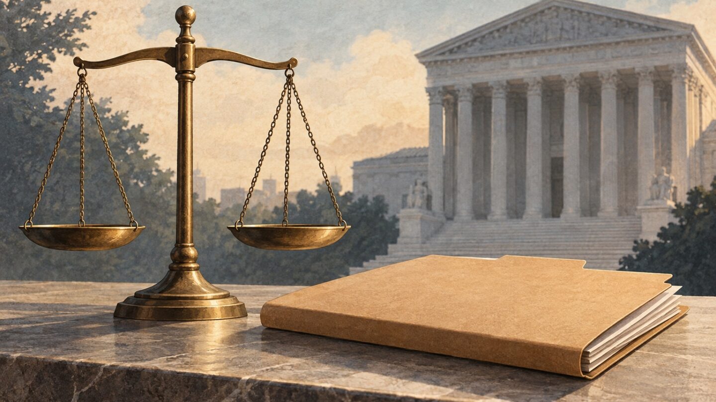 Editorial illustration of scales of justice beside an account folder