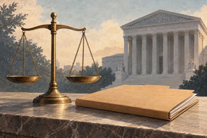 Editorial illustration of scales of justice beside an account folder